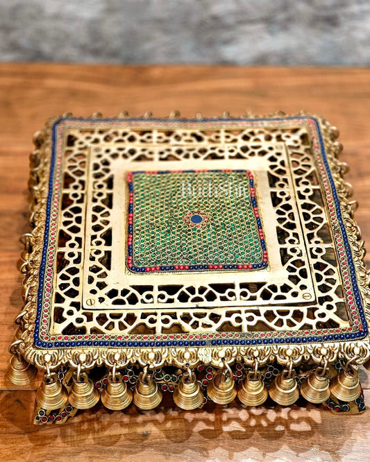 Handcrafted Pure Brass Pooja Chowki/Stand/Stool for Idols large - Sama Homes Idol - Brass Sculpture