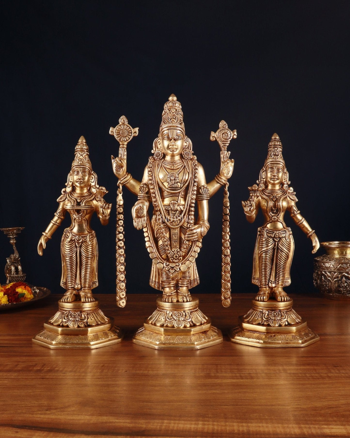 Handcrafted Pure Brass Tirupati Balaji with Bhudevi & Sridevi Idol Set – 14.5 Inch - Sama Homes Idol - Brass Sculpture