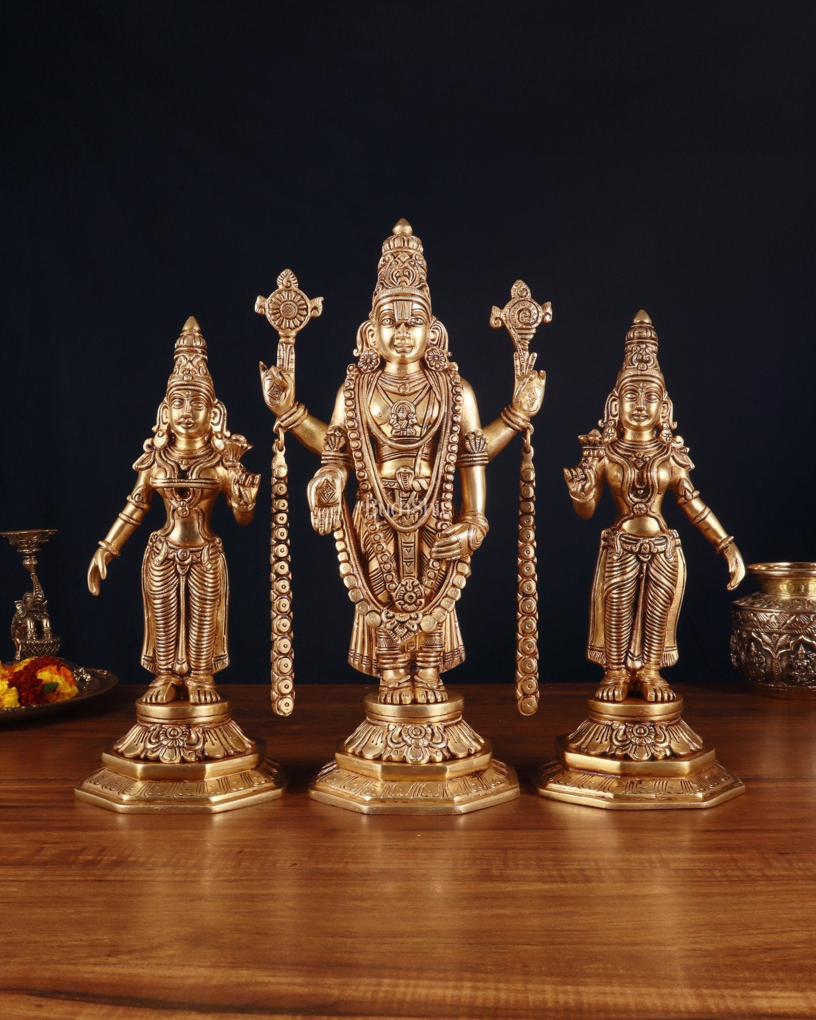 Handcrafted Pure Brass Tirupati Balaji with Bhudevi & Sridevi Idol Set – 14.5 Inch - Sama Homes Idol - Brass Sculpture - Eco-friendly - Sama Homes