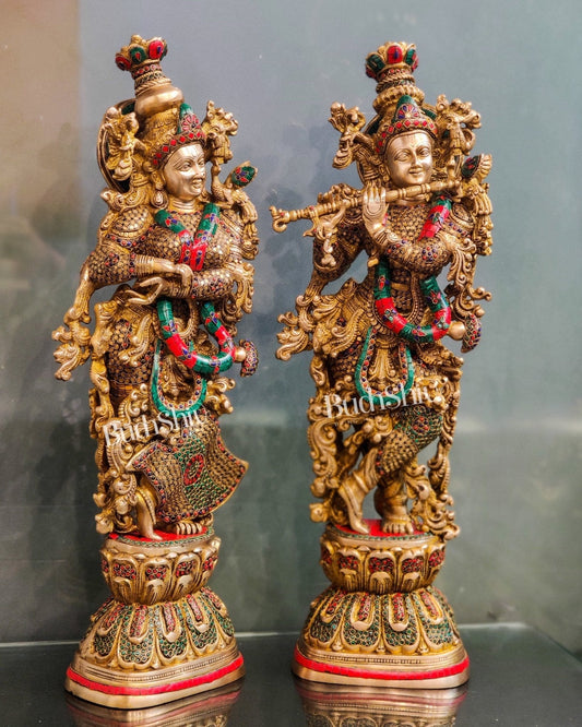 Sama Homes-radha krishna brass idols 29 inches height with triple layered meenakari stonework and brass chip work 2