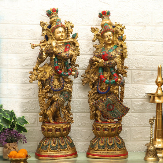 Sama Homes-radha krishna brass idols 29 inches height with triple layered meenakari stonework and brass chip work 1