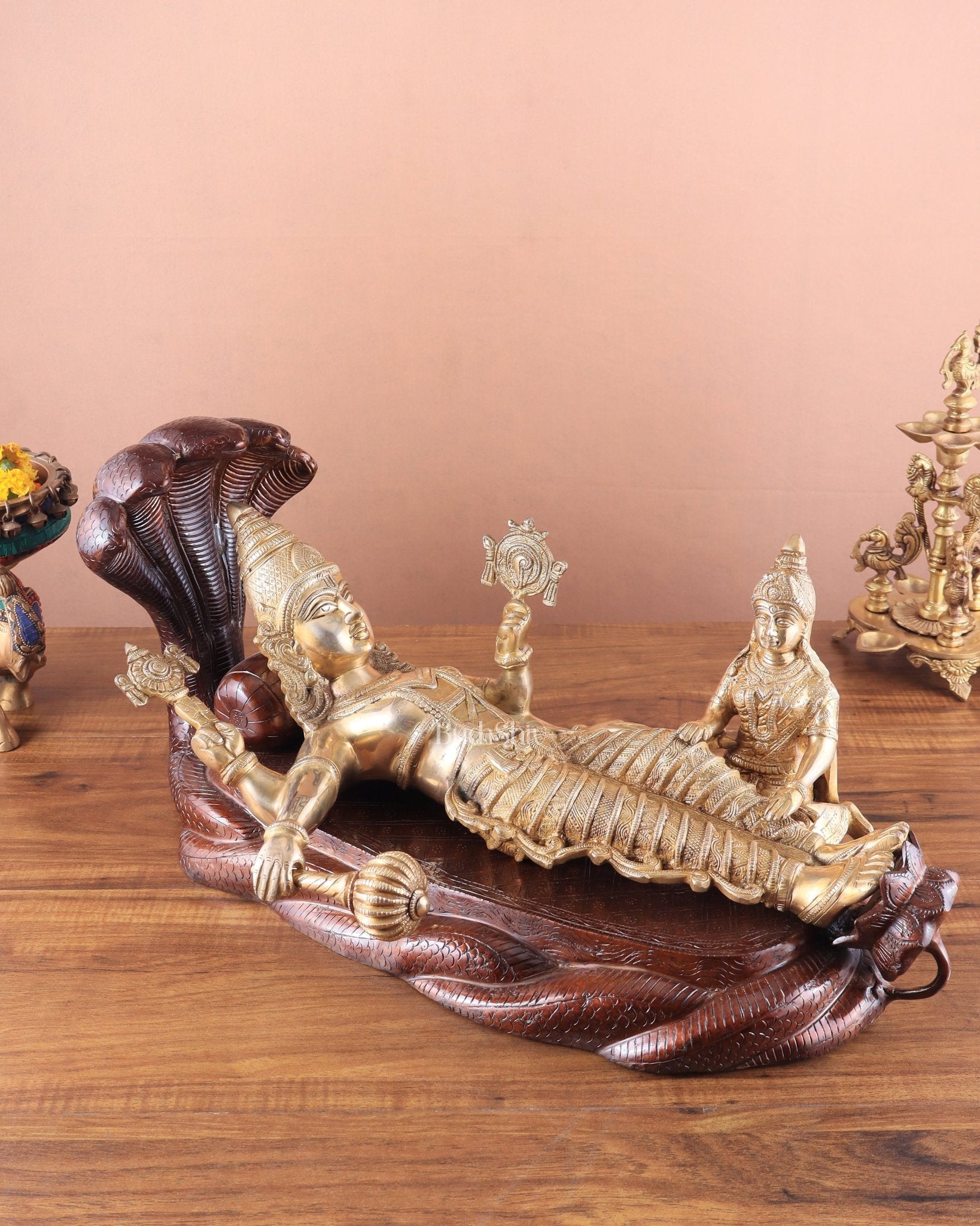 Handcrafted resting Brass Lakshmi Narayana Statue - 23 Inch wide - Sama Homes Idol - Brass Sculpture - Eco-friendly - Sama Homes