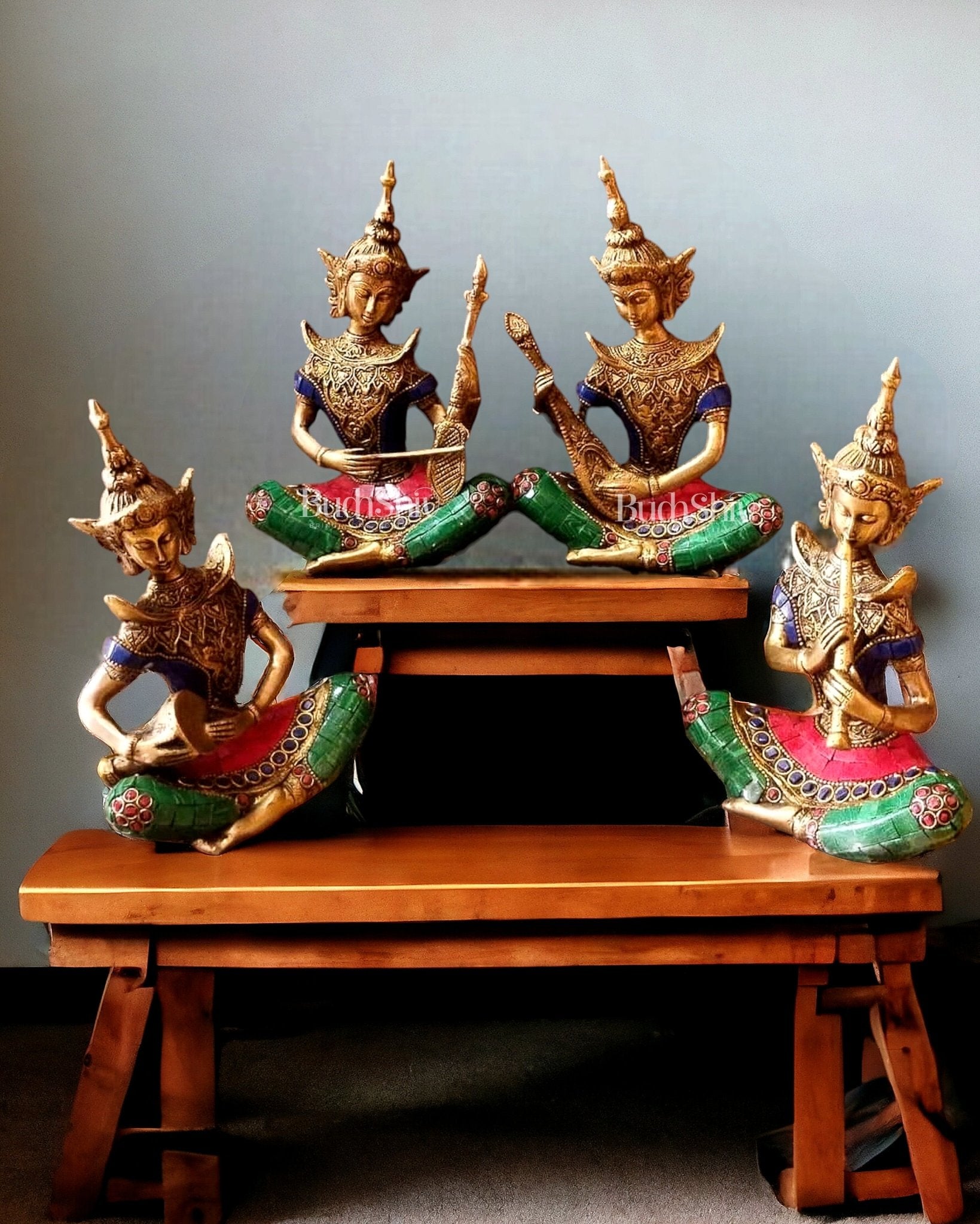 Handcrafted Thai Musical Set of 4 with Natural Stones - 8" - Sama Homes Idol - Brass Sculpture - Eco-friendly - Sama Homes