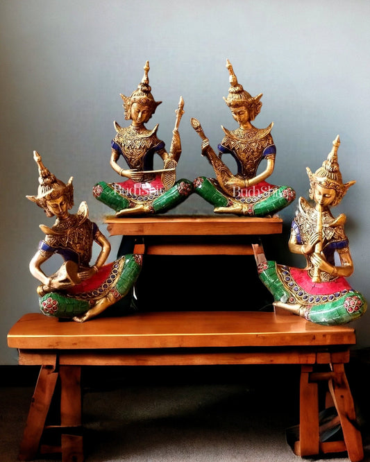 Handcrafted Thai Musical Set of 4 with Natural Stones - 8" - Sama Homes Idol - Brass Sculpture