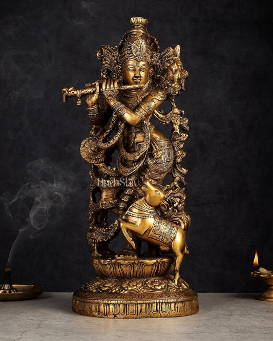 Handmade Brass Lord Krishna with Jumping Cow Statue - 18" - Sama Homes Idol - Brass Sculpture