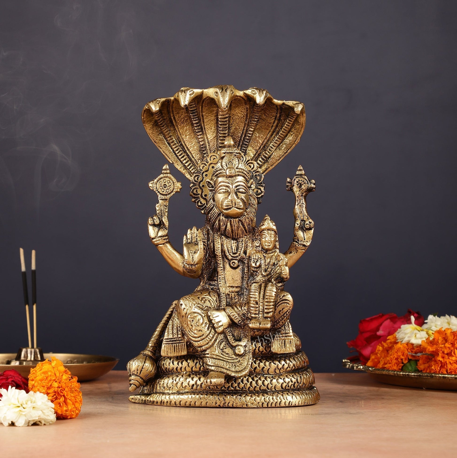 Handmade Brass Narasimha Lakshmi Statue - 8 inch - Sama Homes Idol - Brass Sculpture - Eco-friendly - Sama Homes