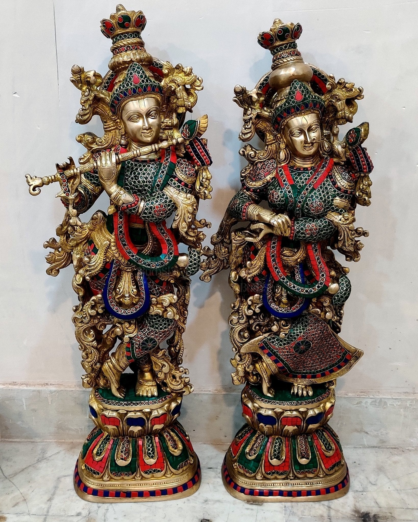 Handmade Brass Radha krishna meenakari Idol 30 inch - Sama Homes Idol - Brass Sculpture - Eco-friendly - Sama Homes