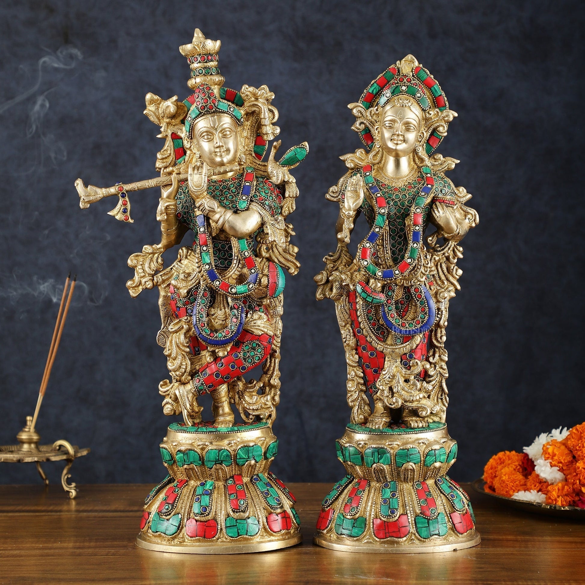 Handmade Radhakrishna Idol with Meenakari Stonework – 18" Height - Sama Homes Idol - Brass Sculpture - Eco-friendly - Sama Homes