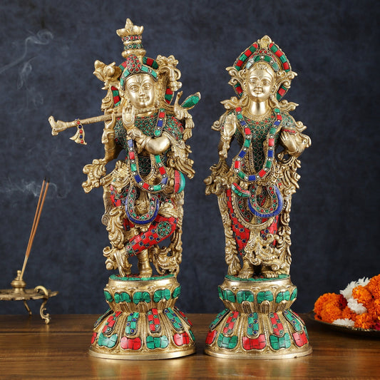 Handmade Radhakrishna Idol with Meenakari Stonework – 18" Height - Sama Homes Idol - Brass Sculpture