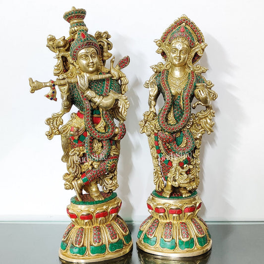 Sama Homes-radha krishna brass idols 18 inch with rings and stonework