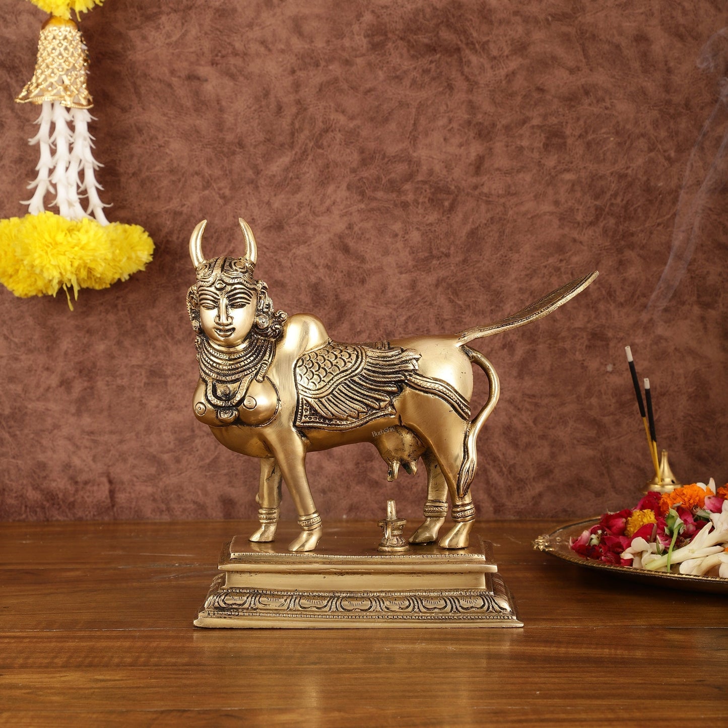Holy Brass Superfine Kamdhenu Cow with Milk Abhishek on Shiv Ling - 8.5" - Sama Homes Idol - Brass Sculpture