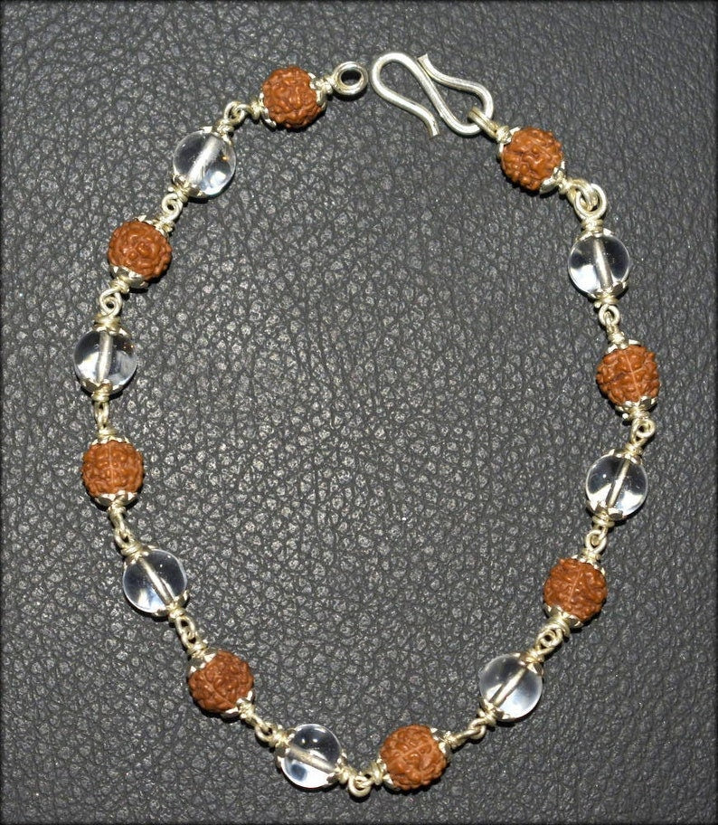 5 Face Rudraksha and Sphatik Bracelet In Pure Silver / Crystal Rudraksha Wrist Bracelet with S Hock - Eco-friendly - Sama Homes