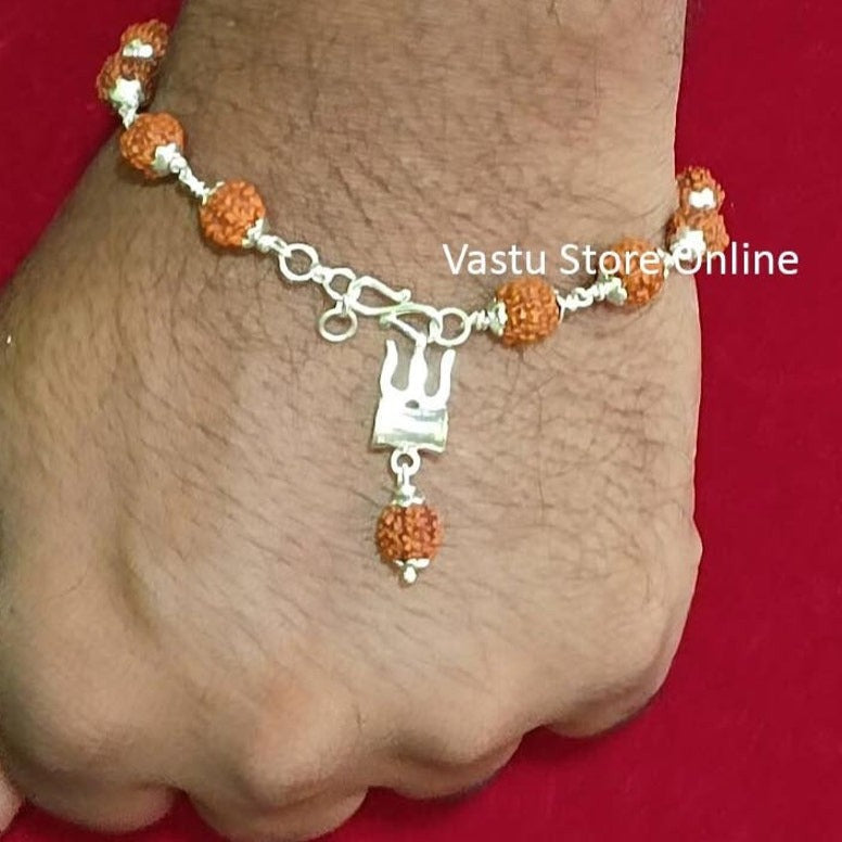 Fine Silver Trishul Damru with 5 Mukhi Java Rudraksha Bracelet in Pure Silver, 5 Mukhi Rudraksha Bracelet - Eco-friendly - Sama Homes