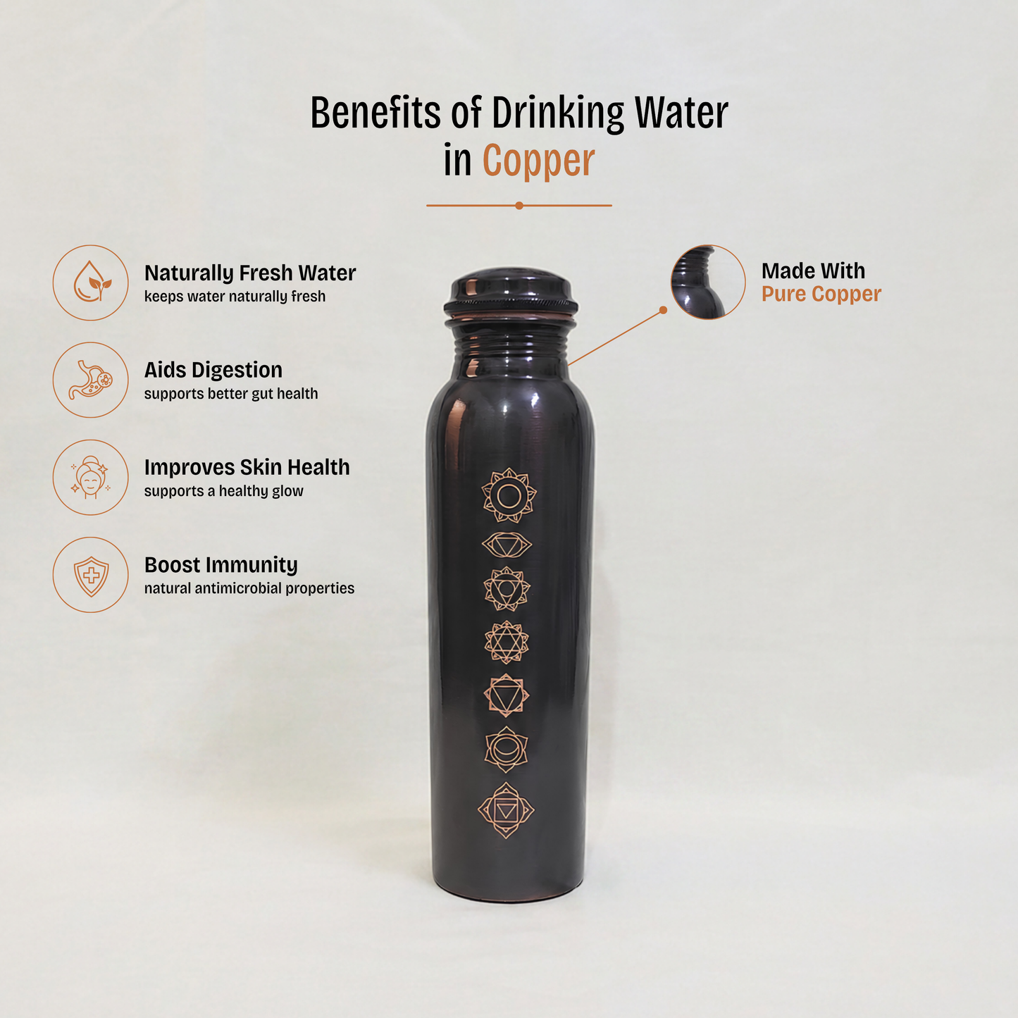 Matte Black 7-Chakra Pure Copper Water Bottle (1L) | Unlined Ayurvedic Hydration