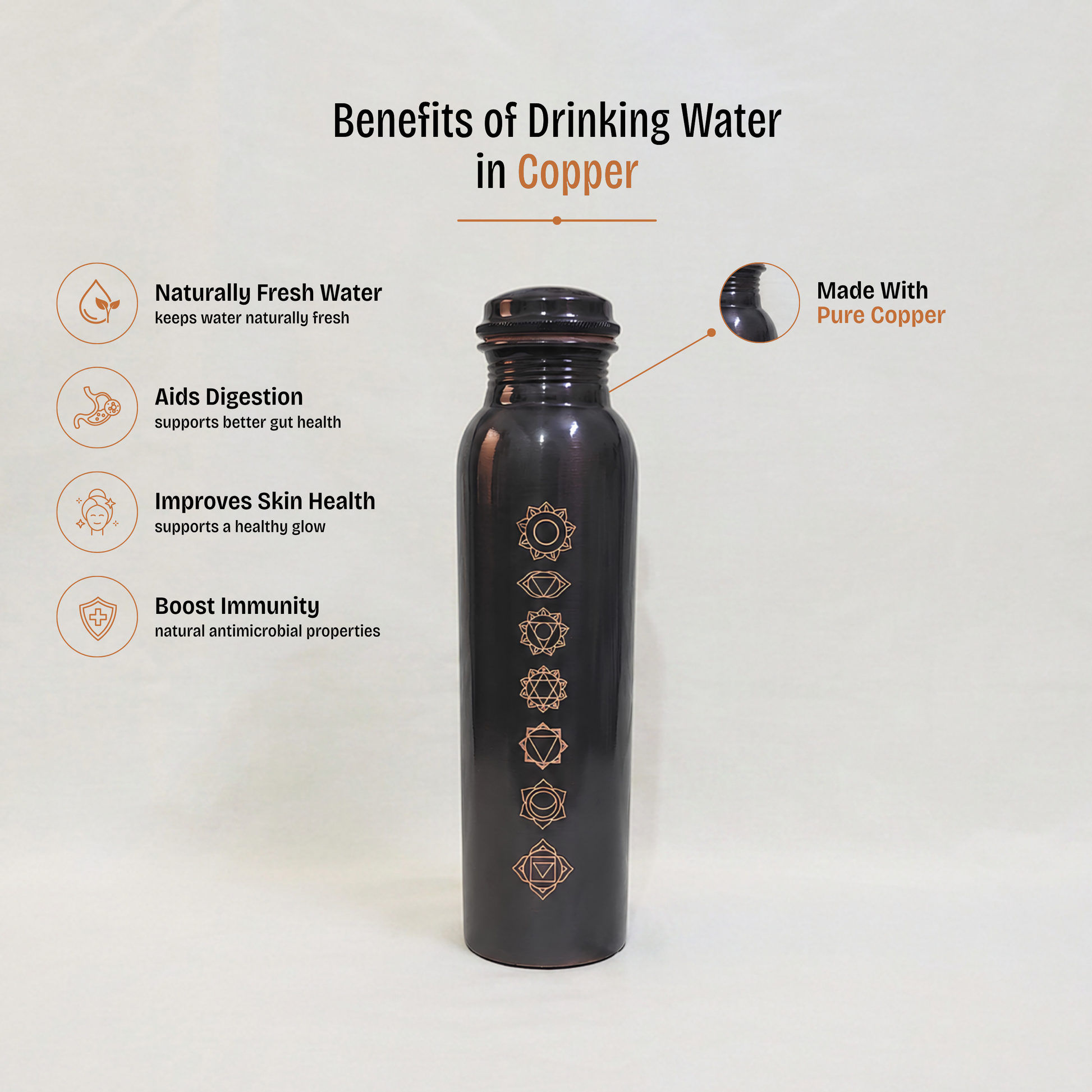 Matte Black 7-Chakra Pure Copper Water Bottle (1L) | Unlined Ayurvedic Hydration - Image 5