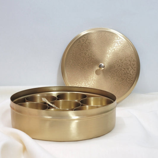 Brass Masala Box Daani – Round Spice Container, 2.5"x6"x6"