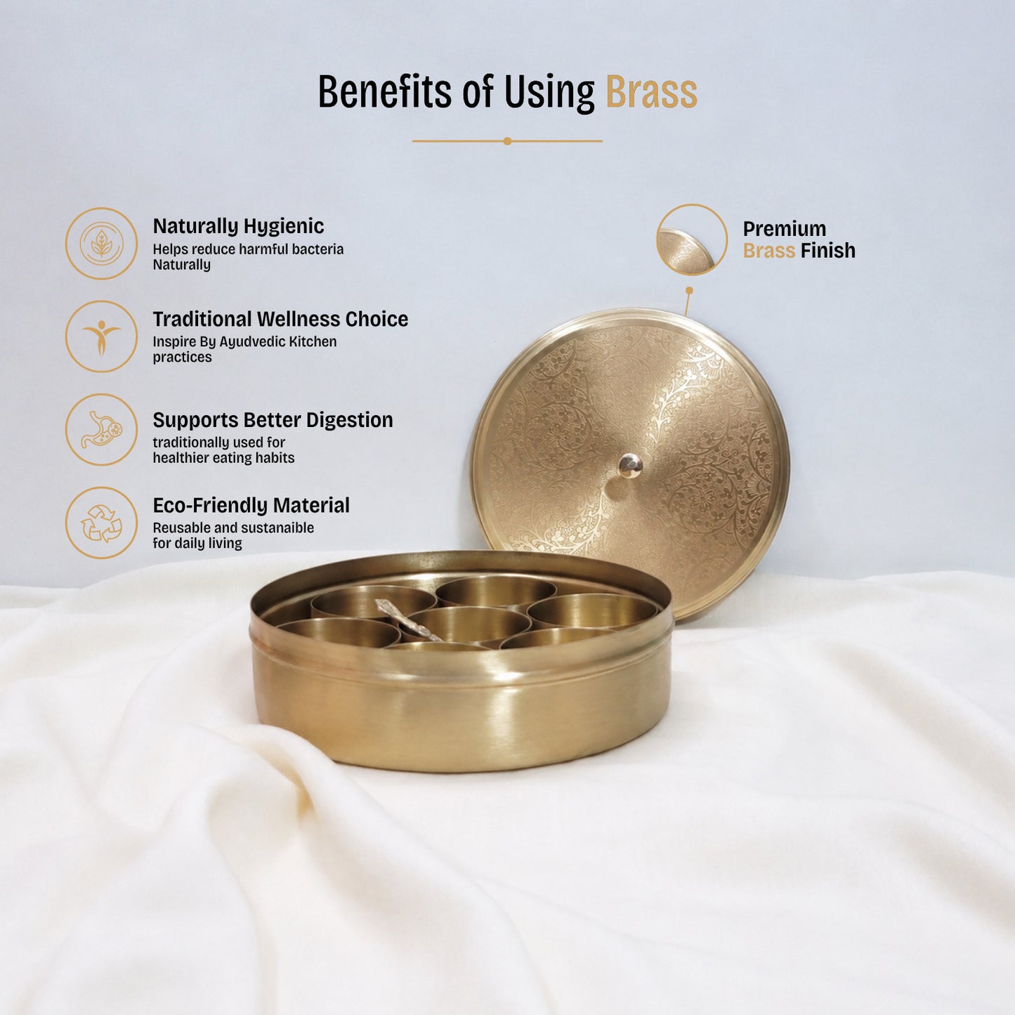 Brass Masala Box Daani – Round Spice Container, 2.5"x6"x6"
