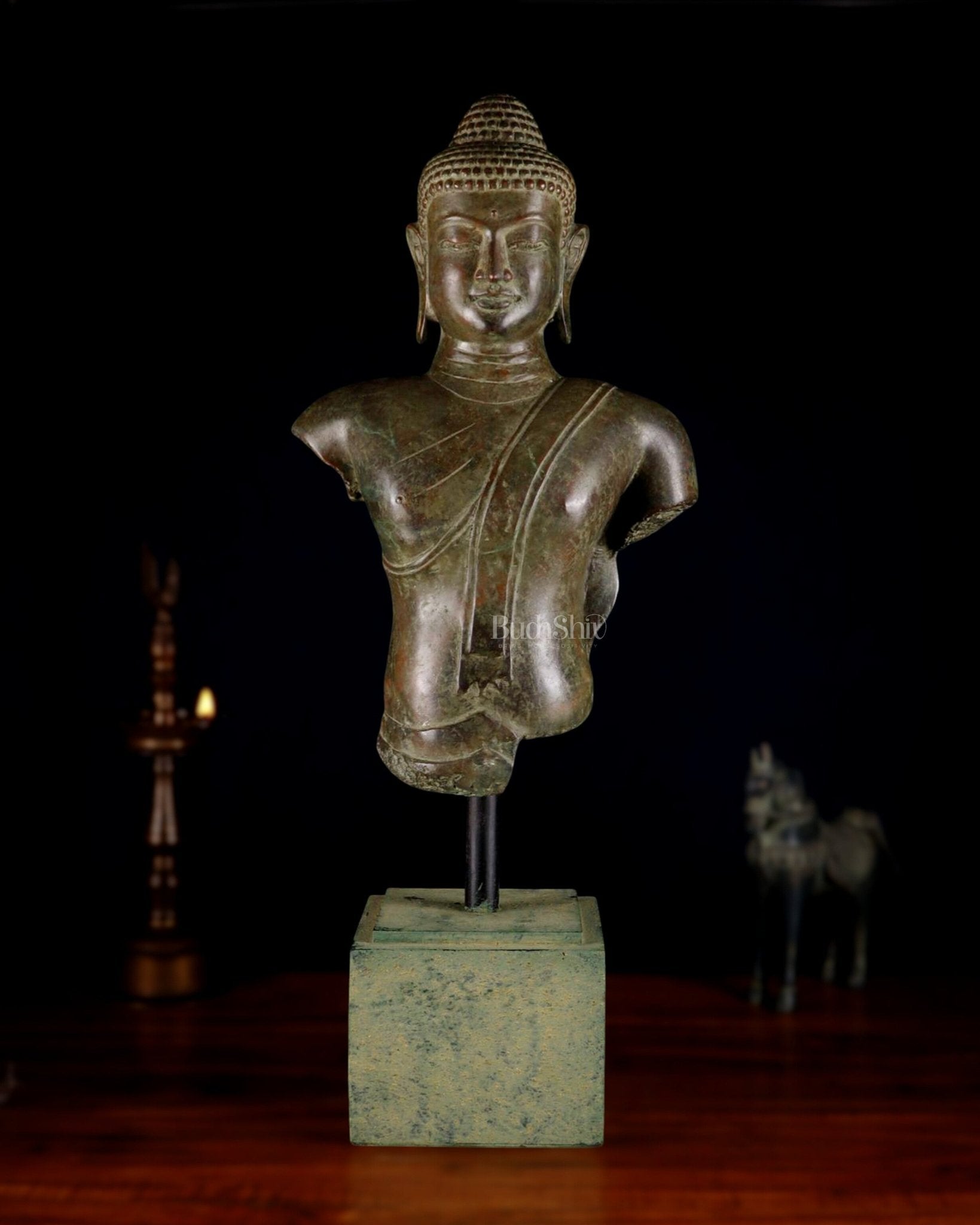 Indonesian Bronze Buddha Bust – 27.5” Artifact - Sama Homes Idol - Brass Sculpture - Eco-friendly - Sama Homes