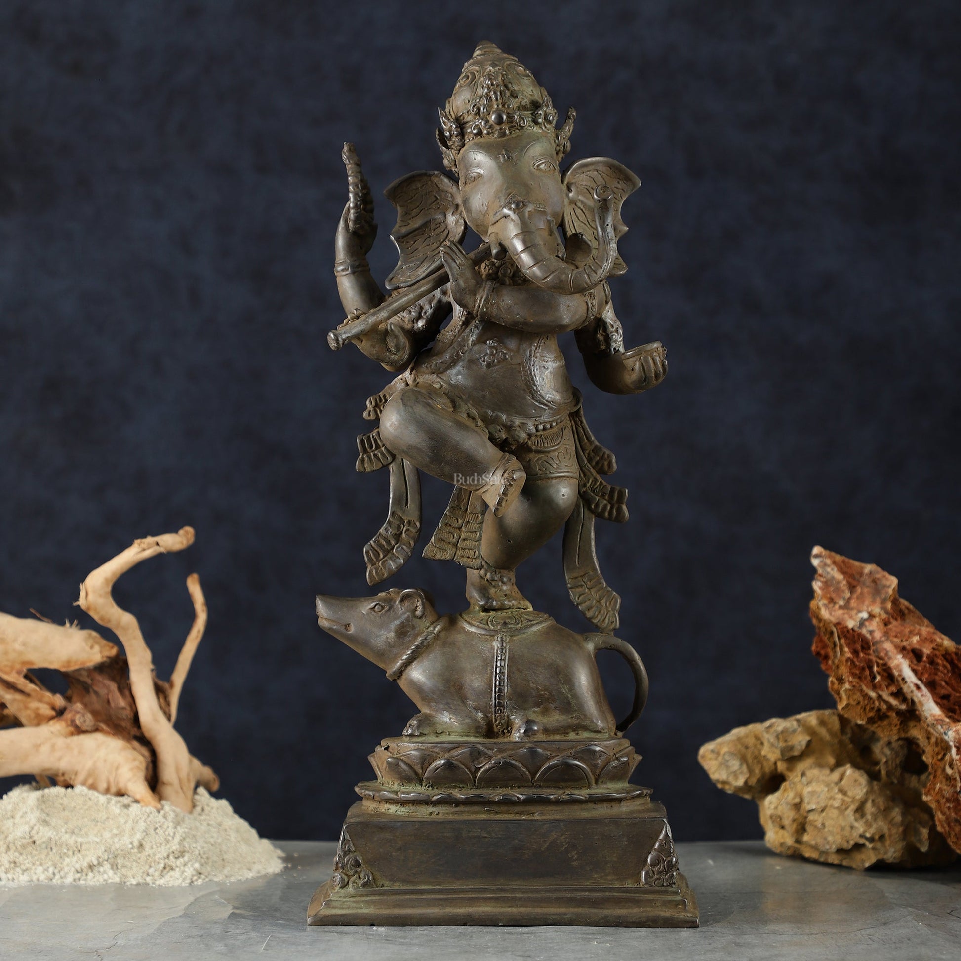 Indonesian Bronze Dancing Ganesha Playing Flute on Mooshak | Lost Wax Casting | 16.5" - Sama Homes Idol - Brass Sculpture - Eco-friendly - Sama Homes