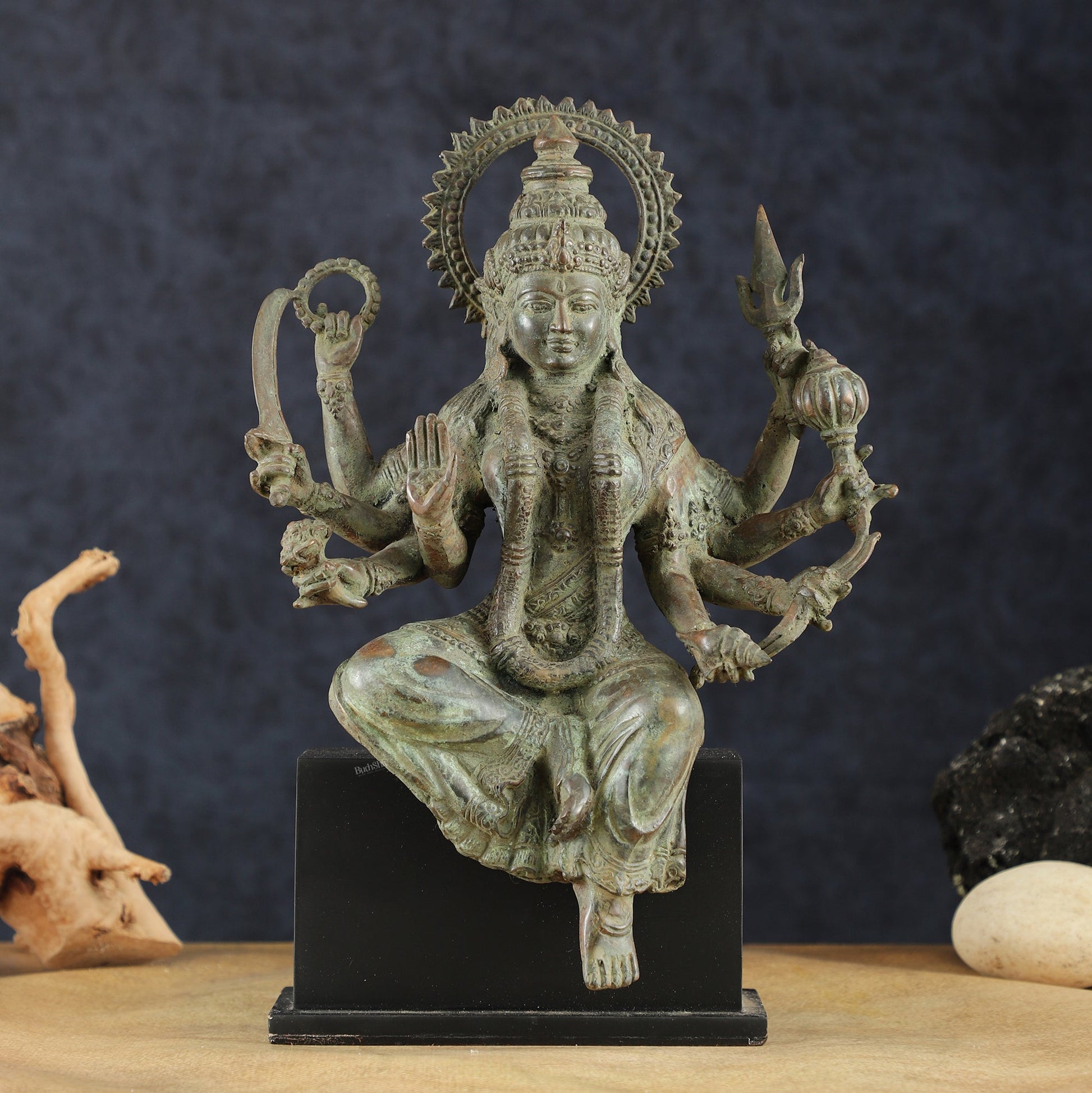 Indonesian Bronze Eight-Armed Goddess Durga Seated on Wooden Base | 14" | - Sama Homes Idol - Brass Sculpture - Eco-friendly - Sama Homes