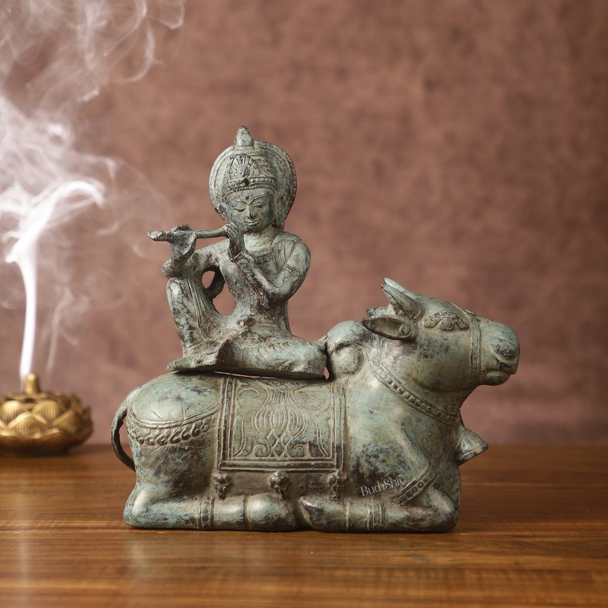 Indonesian Bronze Lord Krishna Sitting on Cow Sculpture | Height: 9 inch - Sama Homes Idol - Brass Sculpture - Eco-friendly - Sama Homes