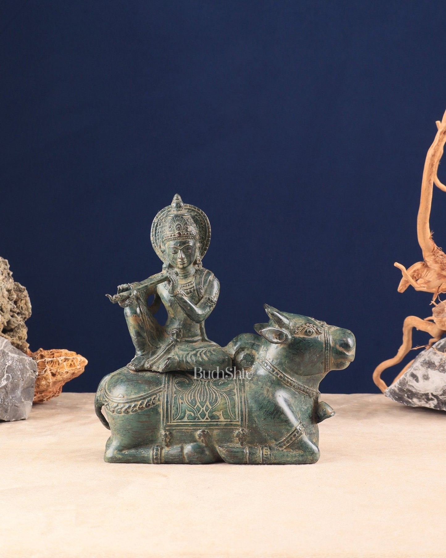 Indonesian Bronze Lord Krishna Sitting on Cow Sculpture | Height: 9 inch - Sama Homes Idol - Brass Sculpture