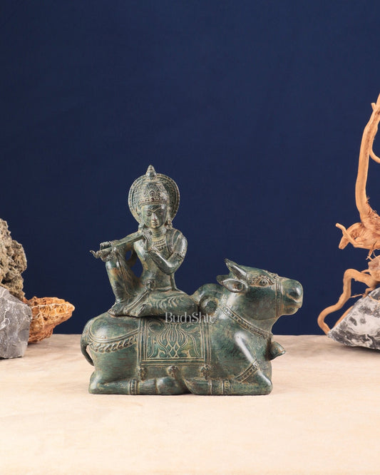 Indonesian Bronze Lord Krishna Sitting on Cow Sculpture | Height: 9 inch - Sama Homes Idol - Brass Sculpture