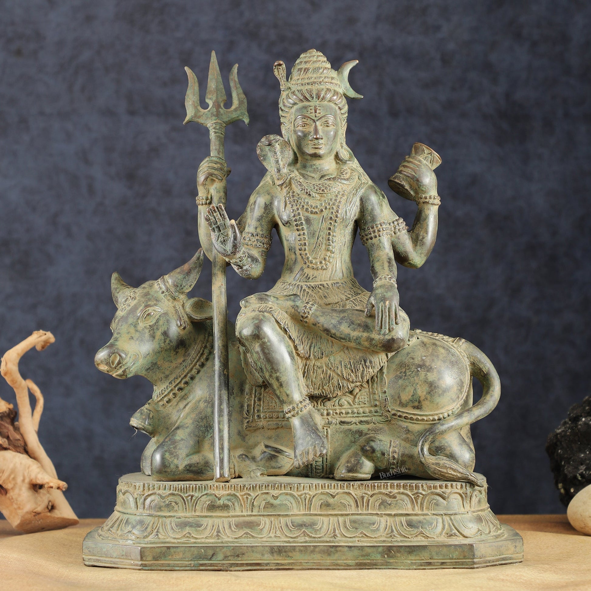 Indonesian Bronze Lord Shiva Seated on Nandi | Lost Wax Sculpture | 16" - Sama Homes Idol - Brass Sculpture - Eco-friendly - Sama Homes