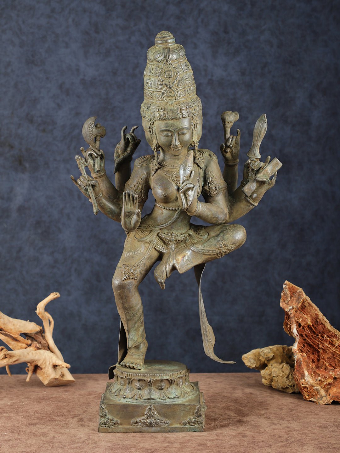 Indonesian Bronze Three-Headed Dancing Parvati Statue | Lost Wax Sculpture | 24" | - Sama Homes Idol - Brass Sculpture - Eco-friendly - Sama Homes