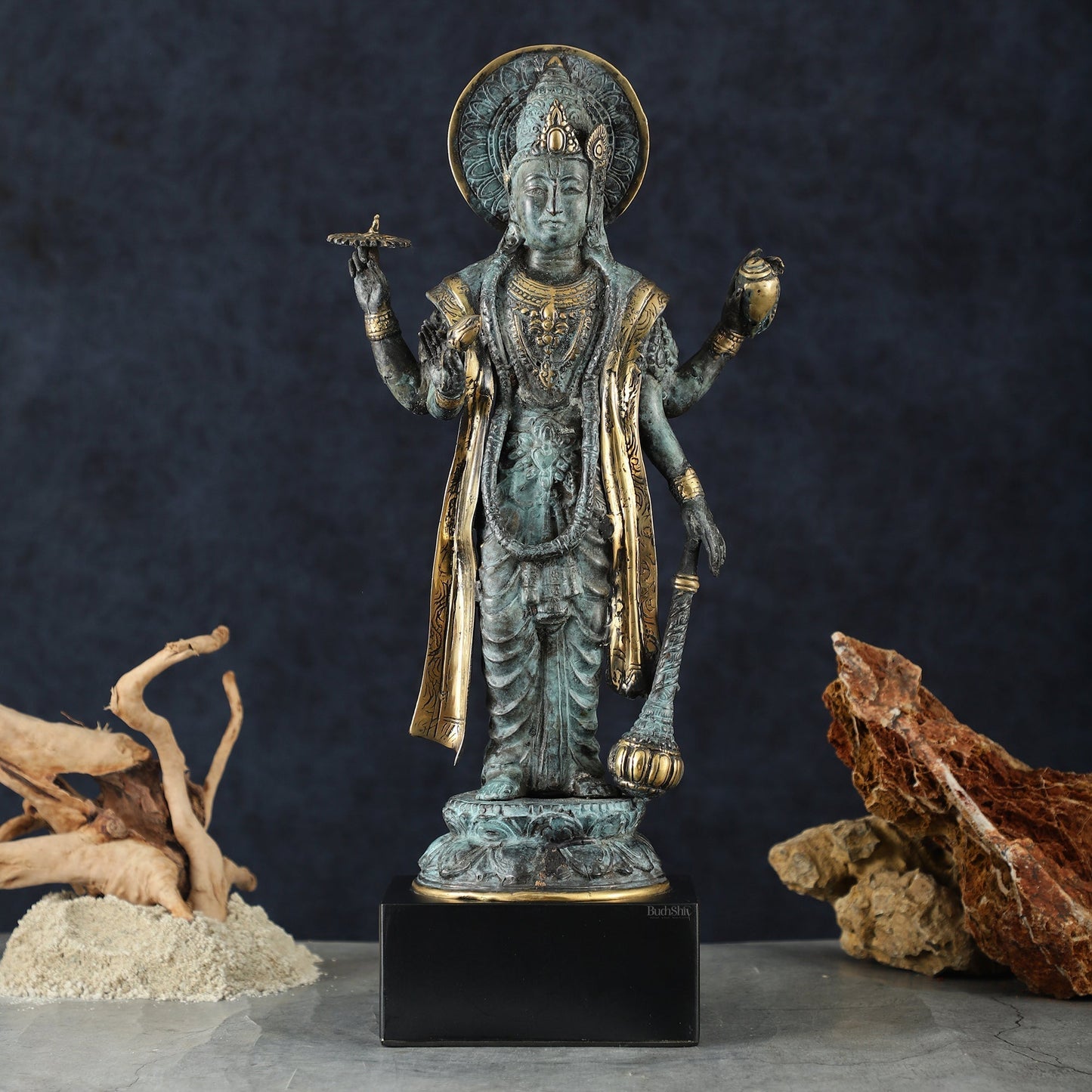 Indonesian Bronze Vintage Blue Standing Vishnu Statue | 18" Height - Sama Homes Idol - Brass Sculpture