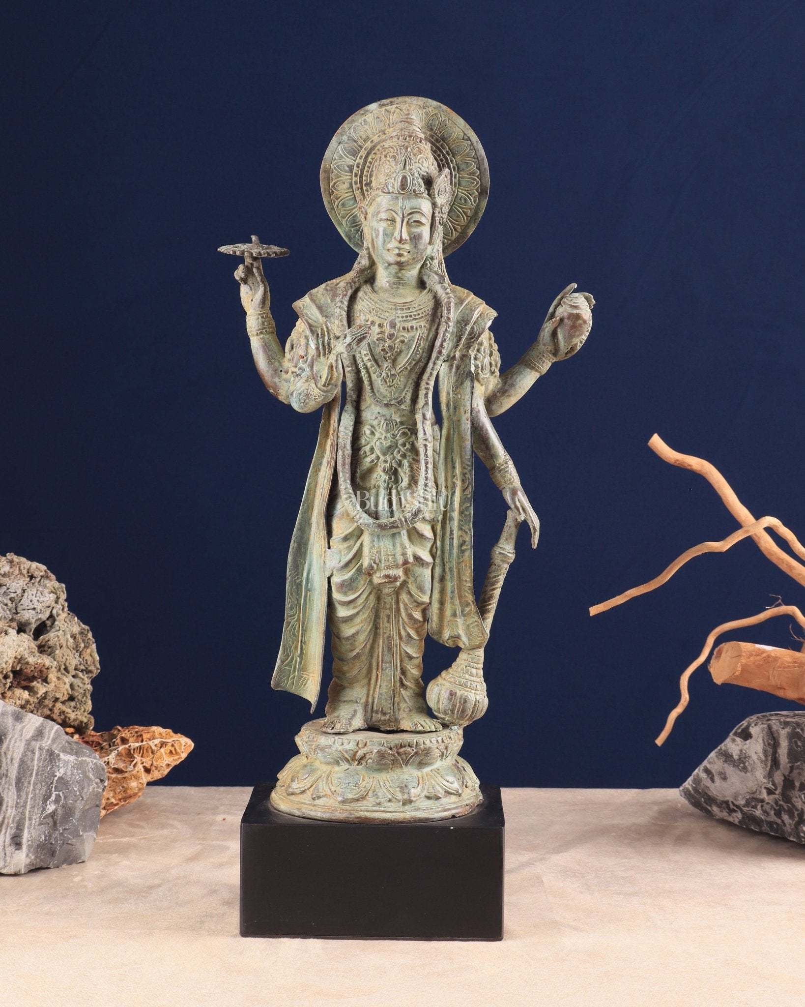 Indonesian Bronze Vintage Green Standing Vishnu Statue | 18" Height - Sama Homes Idol - Brass Sculpture - Eco-friendly - Sama Homes