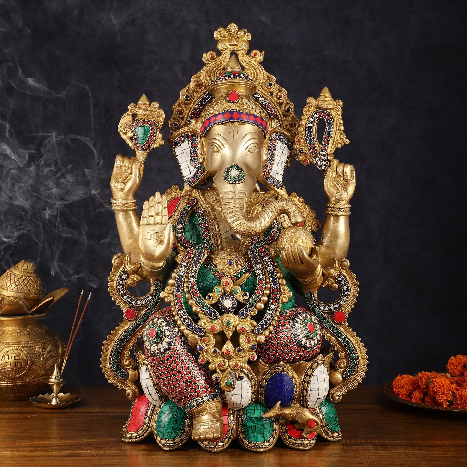 Intricate 21-Inch Brass Ganesha Statue with Stonework - Seated on Lotus - Sama Homes Idol - Brass Sculpture - Eco-friendly - Sama Homes