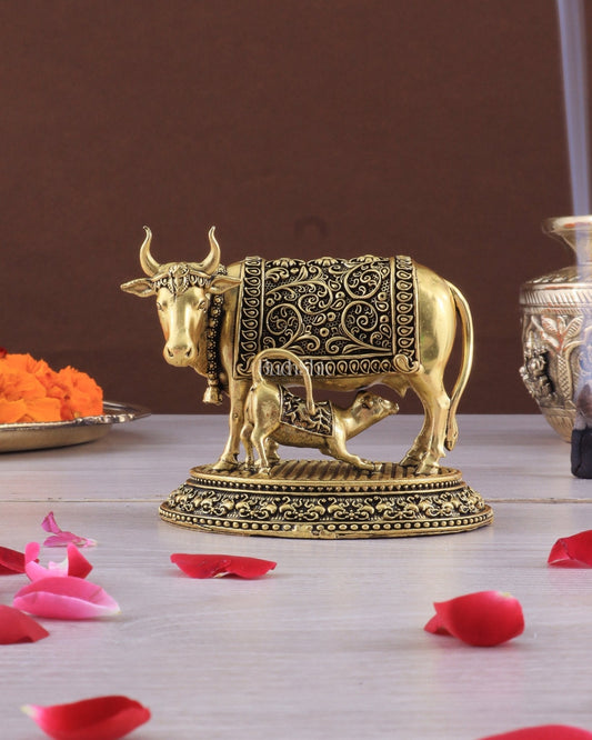 Intricate Brass antique Small Kamdhenu Cow with Calf Idol - 3.5-inch golden tone - Sama Homes Idol - Brass Sculpture
