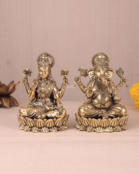 Intricate Ganesha and Lakshmi Superfine Brass Idols with Clear Detailing 6" - Sama Homes Idol - Brass Sculpture