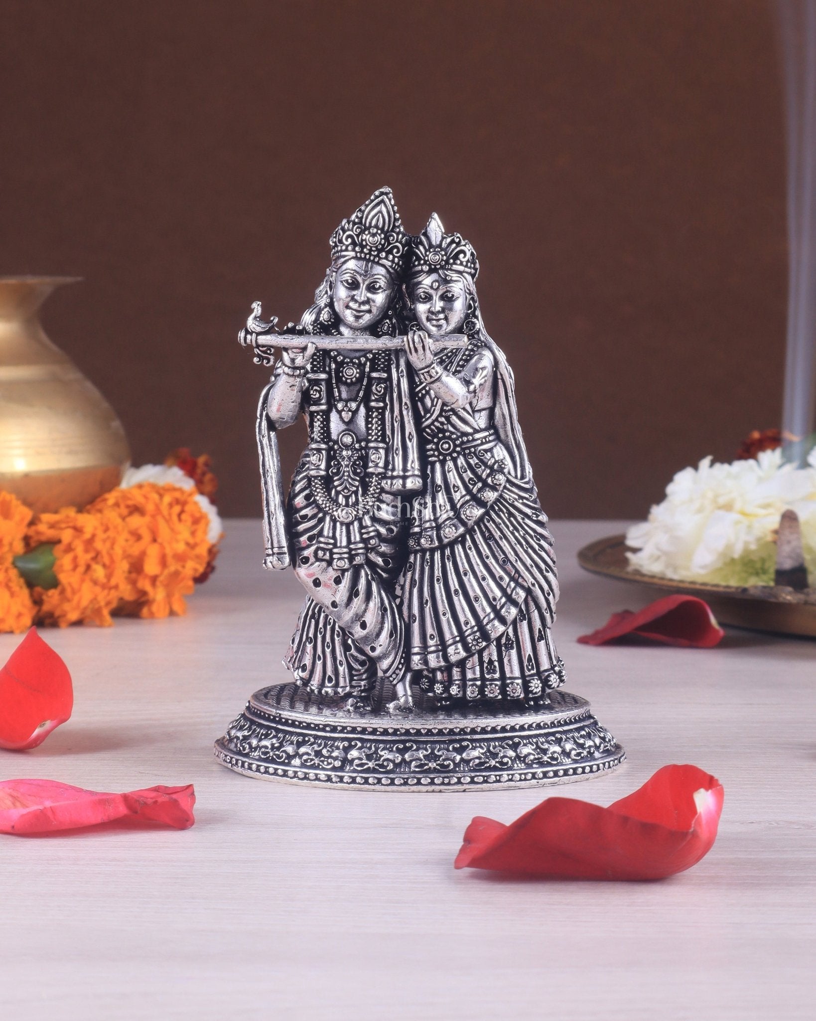 Intricate Lightweight Brass Radha Krishna Idol - 6" silver plated - Sama Homes Idol - Brass Sculpture - Eco-friendly - Sama Homes