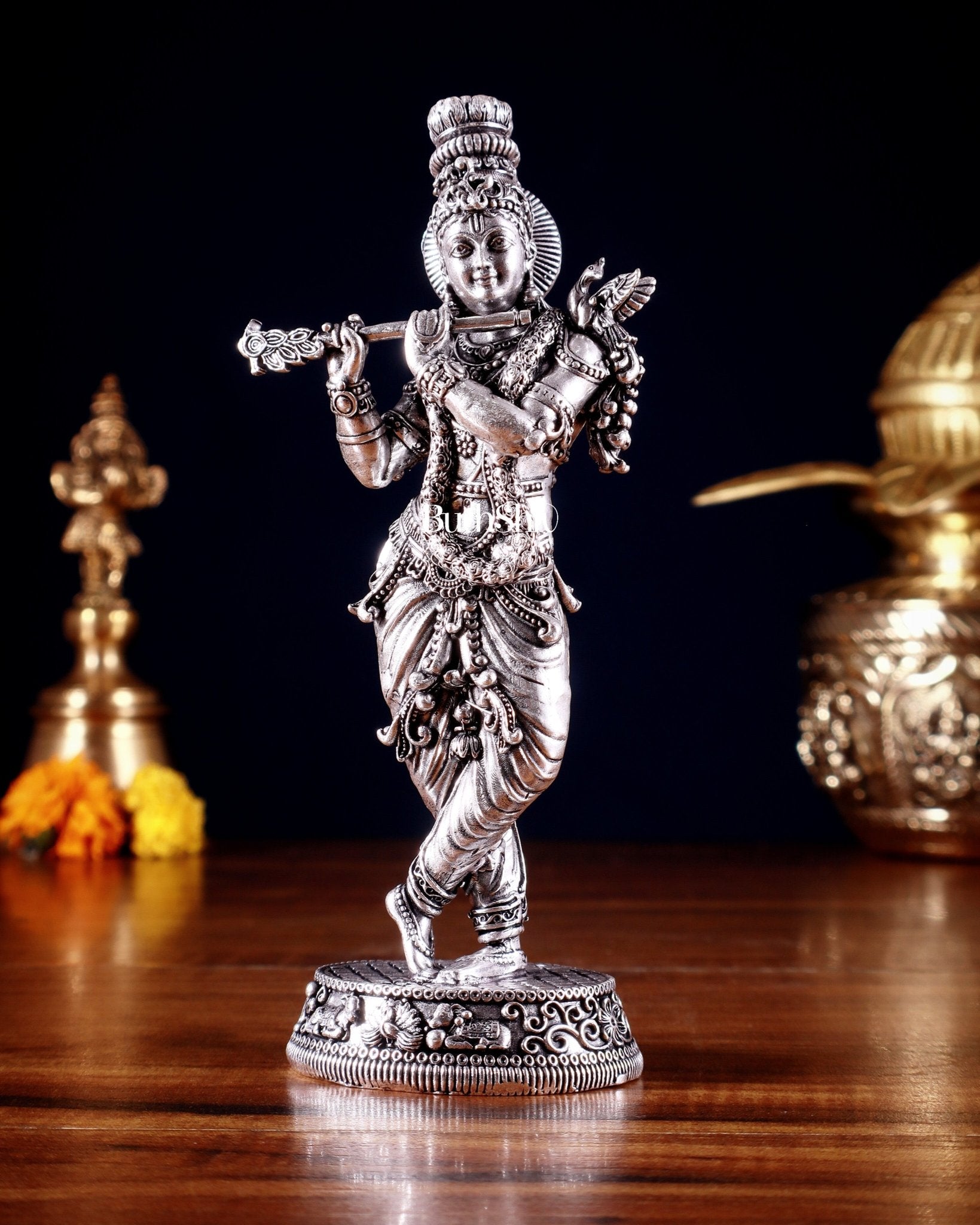 Intricate Pure Brass Lord Krishna Statue - 6.5" silver plated - Sama Homes Idol - Brass Sculpture - Eco-friendly - Sama Homes