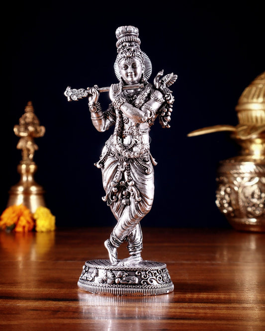 Intricate Pure Brass Lord Krishna Statue - 6.5" silver plated - Sama Homes Idol - Brass Sculpture