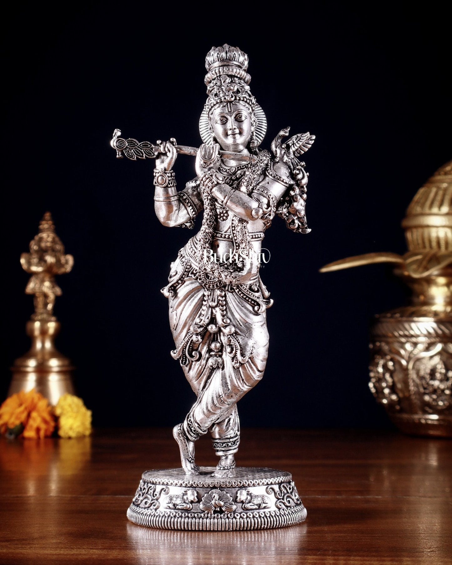 Intricate Pure Brass Lord Krishna Statue - 7.5" silver plated - Sama Homes Idol - Brass Sculpture