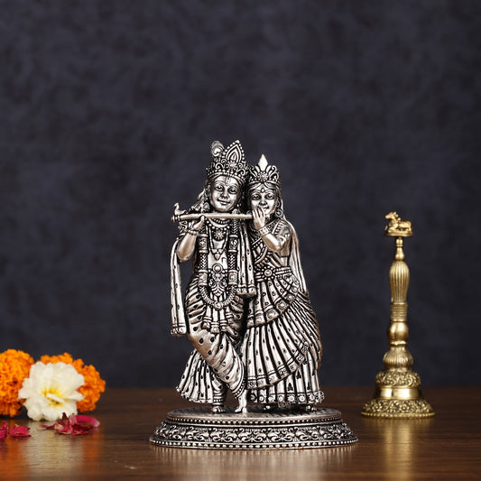 Intricate silver plated Lightweight Brass Radha Krishna Idol - 5" - Sama Homes Idol - Brass Sculpture