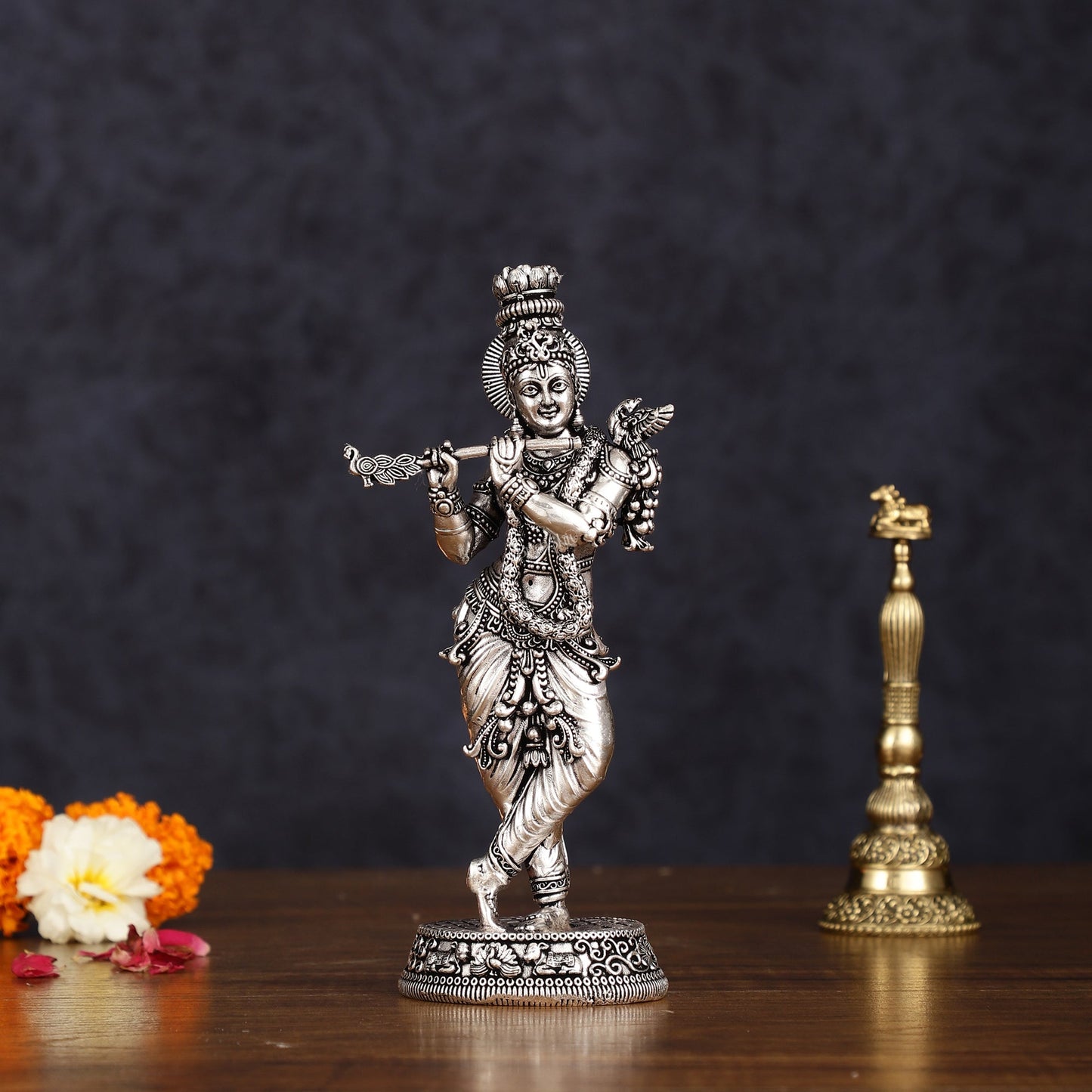 Intricate Silver plated Pure Brass Lord Krishna Statue - 7.5" - Sama Homes Idol - Brass Sculpture