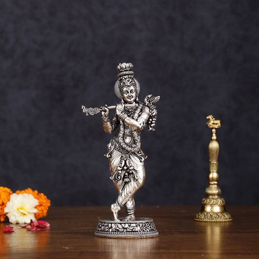 Intricate Silver plated Pure Brass Lord Krishna Statue - 7.5" - Sama Homes Idol - Brass Sculpture