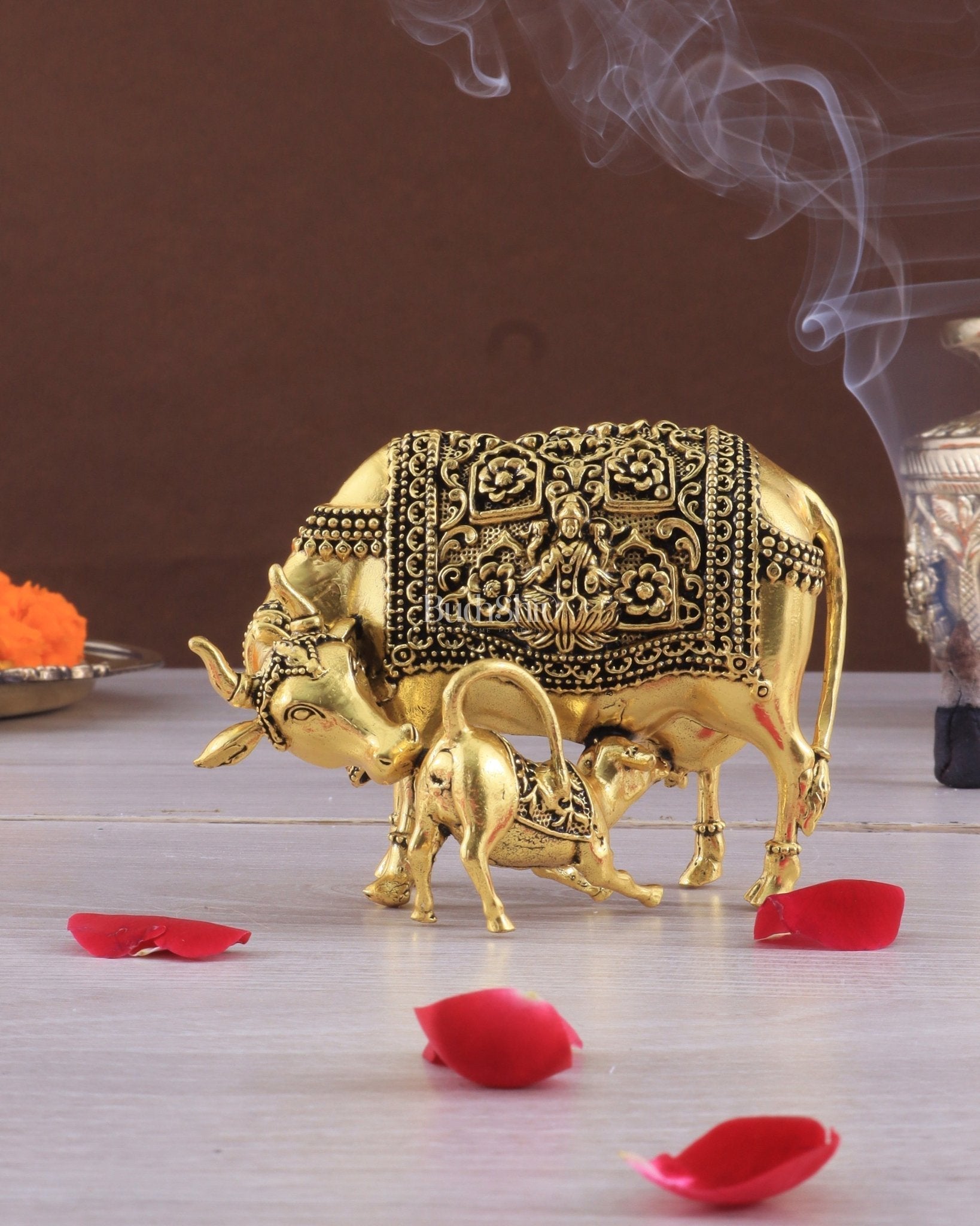 Intricate Small Brass Kamdhenu Cow with Calf Idol - 3.5" Tall golden tone - Eco-friendly - Sama Homes