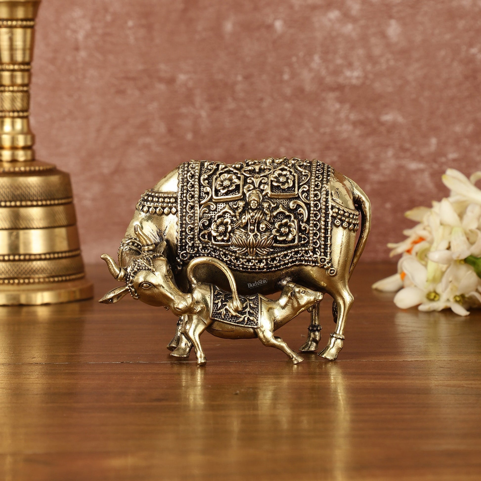 Intricate Small Brass Kamdhenu Cow with Calf Idol - 3.5" Tall - Eco-friendly - Sama Homes