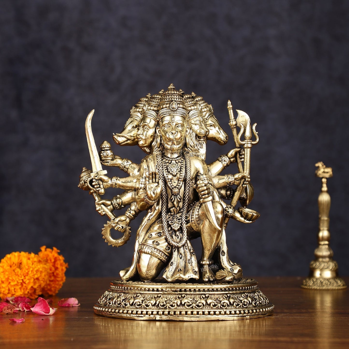 Intricate Superfine Brass Panchmukhi Hanuman Idol - 7" Tall - Sama Homes Idol - Brass Sculpture
