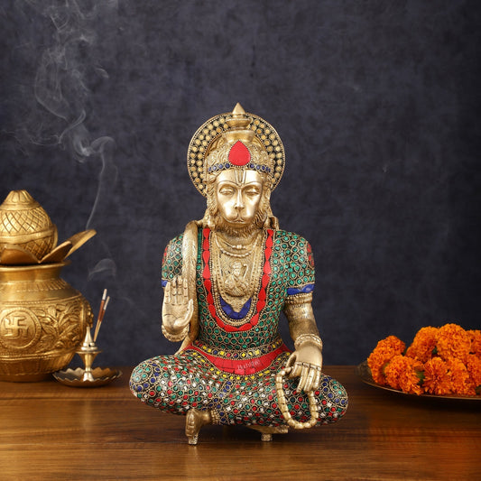 Intricately Carved Brass Lord Hanuman Idol - 11" Height, Spiritual Blessing - Sama Homes Idol - Brass Sculpture