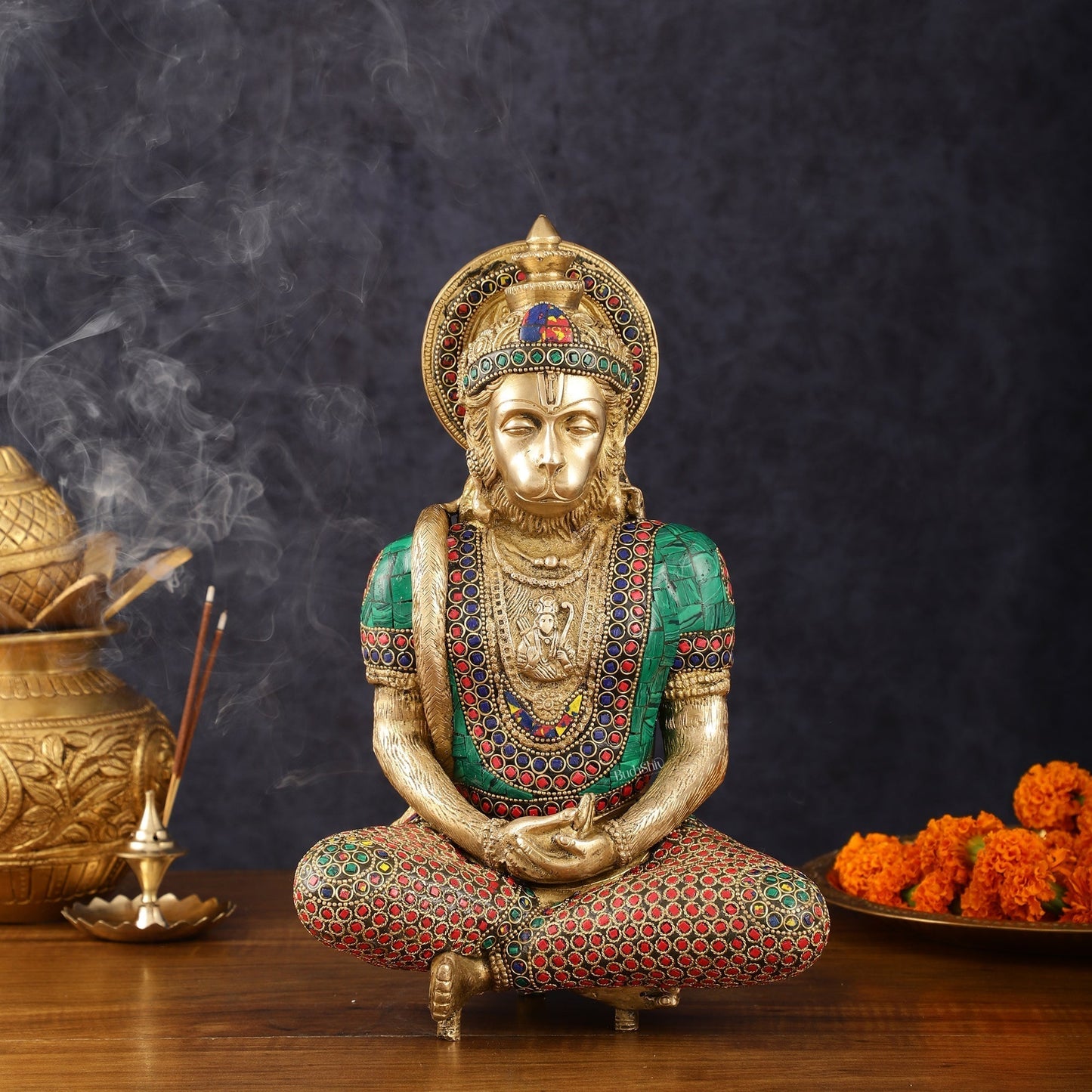 Intricately Carved Brass Lord Hanuman Idol - 11" Height, Spiritual Decor - Sama Homes Idol - Brass Sculpture