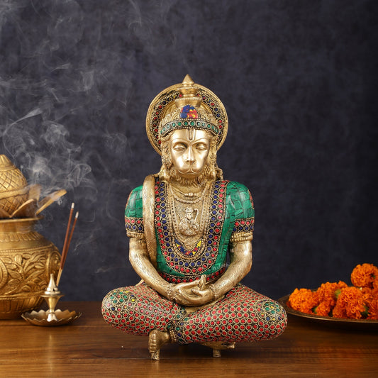 Intricately Carved Brass Lord Hanuman Idol - 11" Height, Spiritual Decor - Sama Homes Idol - Brass Sculpture