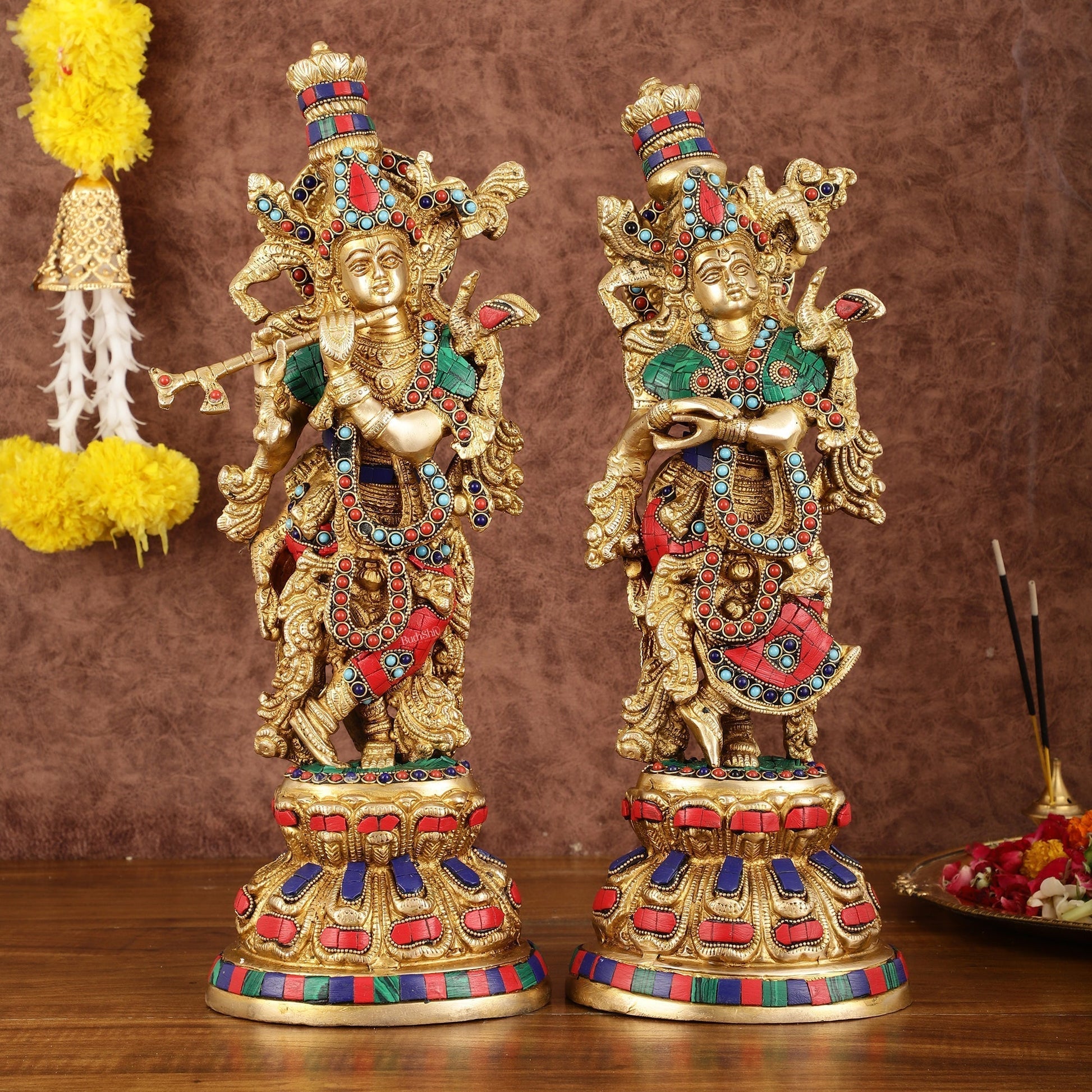 Intricately Crafted Brass Radha Krishna Idols with Stonework - 15" - Sama Homes Idol - Brass Sculpture - Eco-friendly - Sama Homes