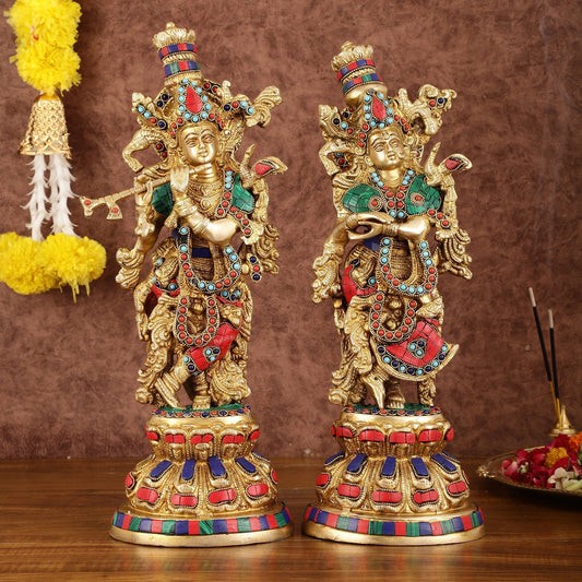 Intricately Crafted Brass Radha Krishna Idols with Stonework - 15" - Sama Homes Idol - Brass Sculpture