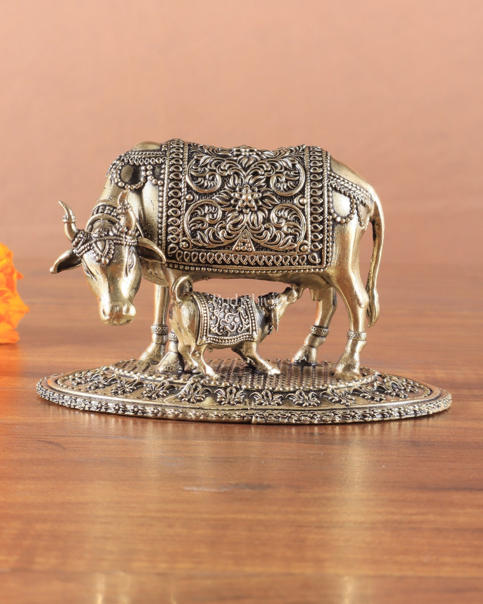 Kamdhenu Cow with Calf | 5" Wide Intricate Superfine Brass Idol - Sama Homes Idol - Brass Sculpture - Eco-friendly - Sama Homes